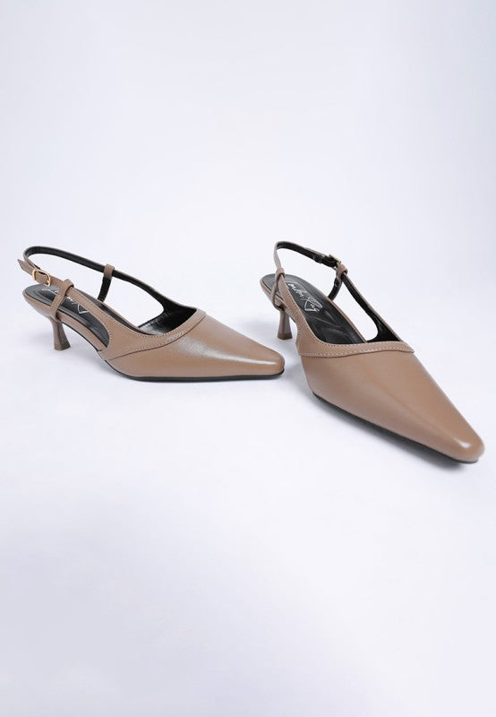 Taupe slingback kitten heels with pin-buckle ankle strap and pointed toe