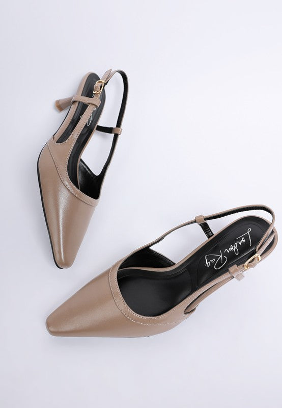 Taupe slingback kitten heels pair, showing ankle strap and gold pin buckle
