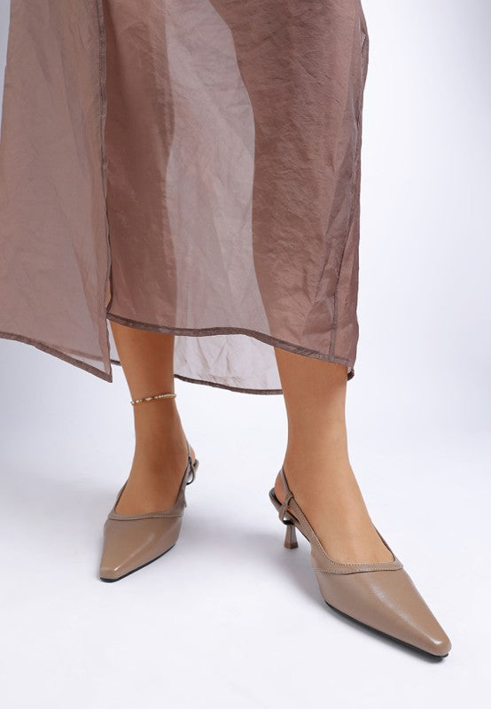 Taupe slingback kitten heels with pin-buckle ankle strap and pointed toe