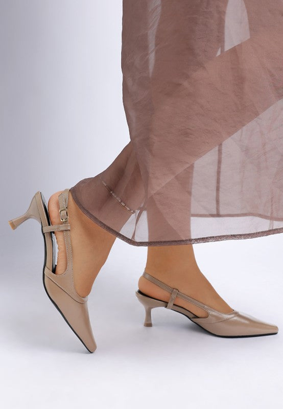 Taupe slingback kitten heels with ankle strap and pin buckle, side view