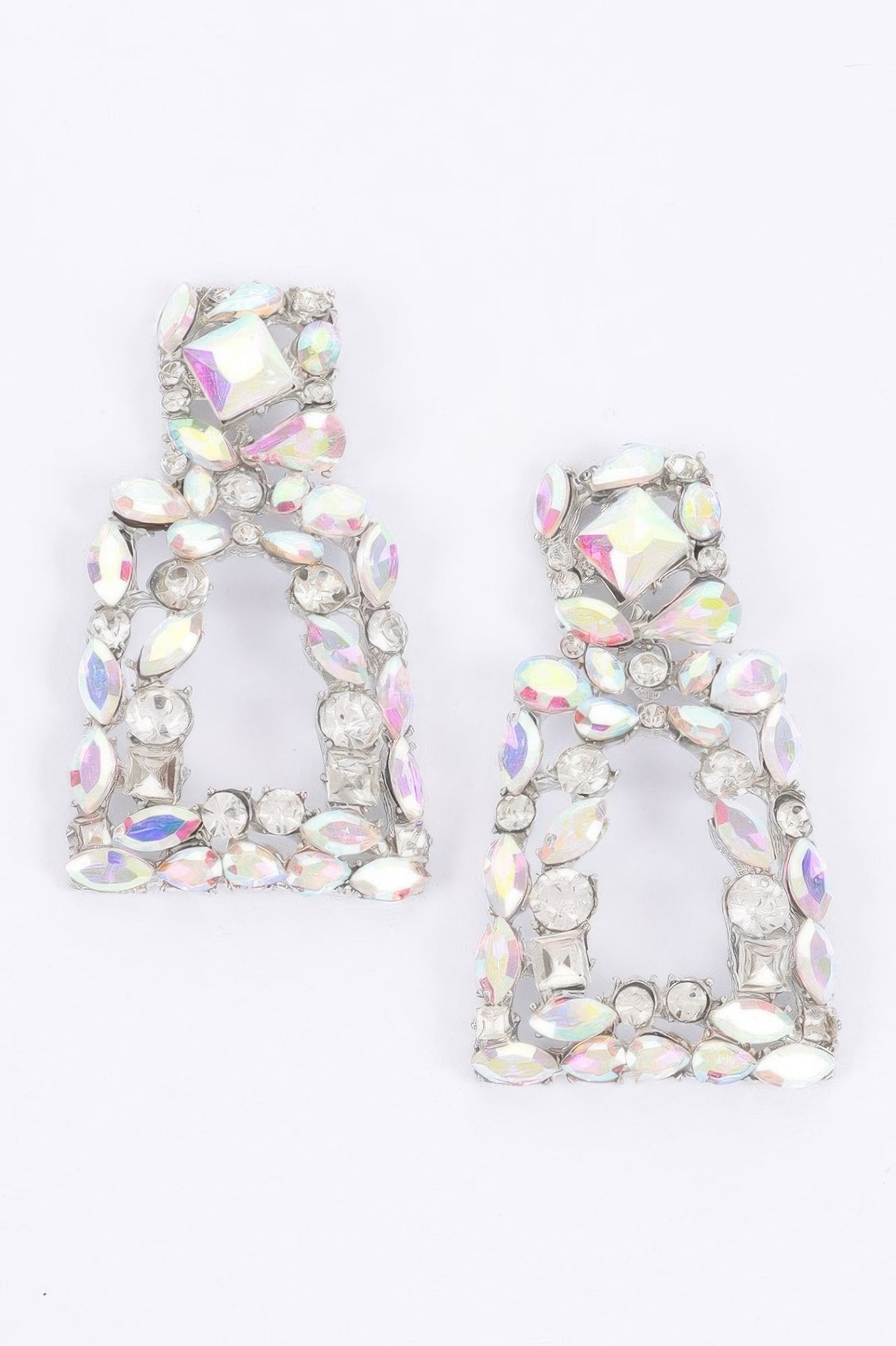 Cluster Shine Ohrringe, rechteckiger Ring mit schimmernden Opal-Steinen (silberfarbener Look)
