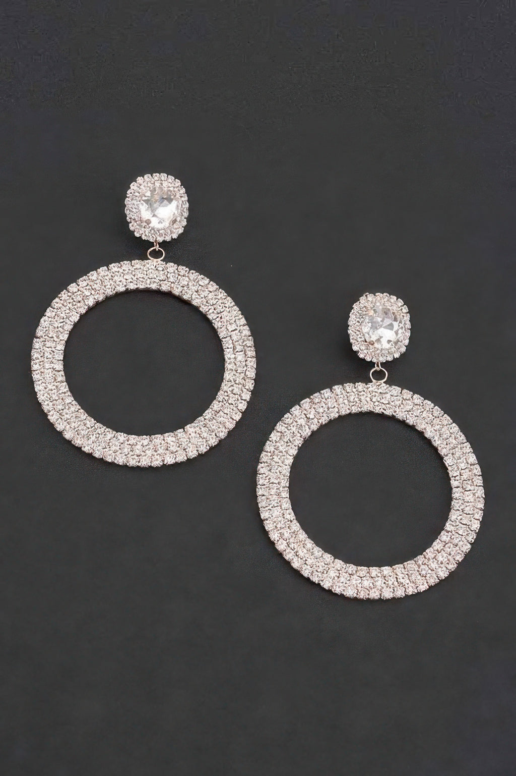 Luxury Rhinestone Circular Earrings in silver tone: round hoop with stud-drop charm