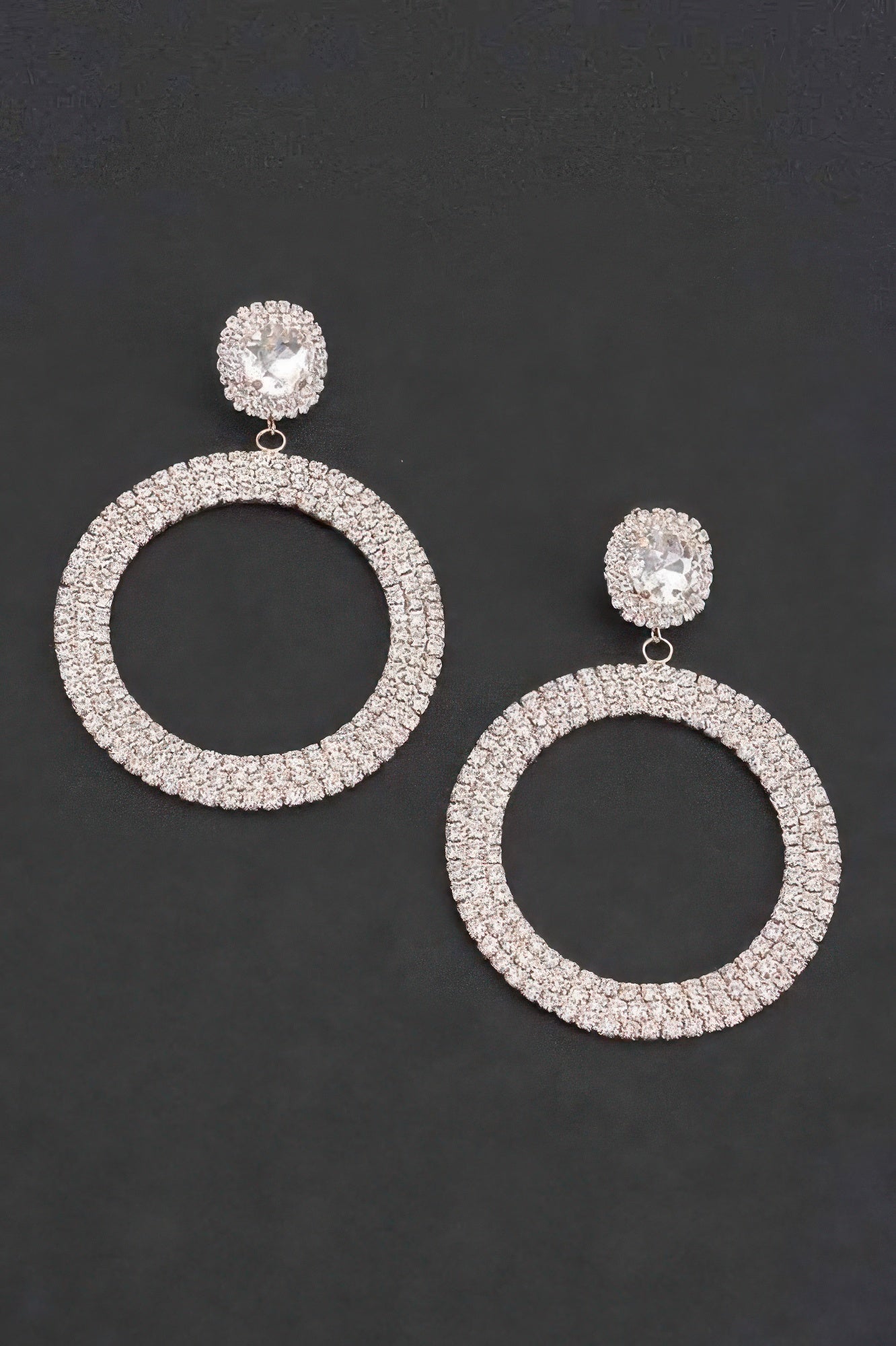 Luxury Rhinestone Circular Earrings in silver tone: round hoop with stud-drop charm