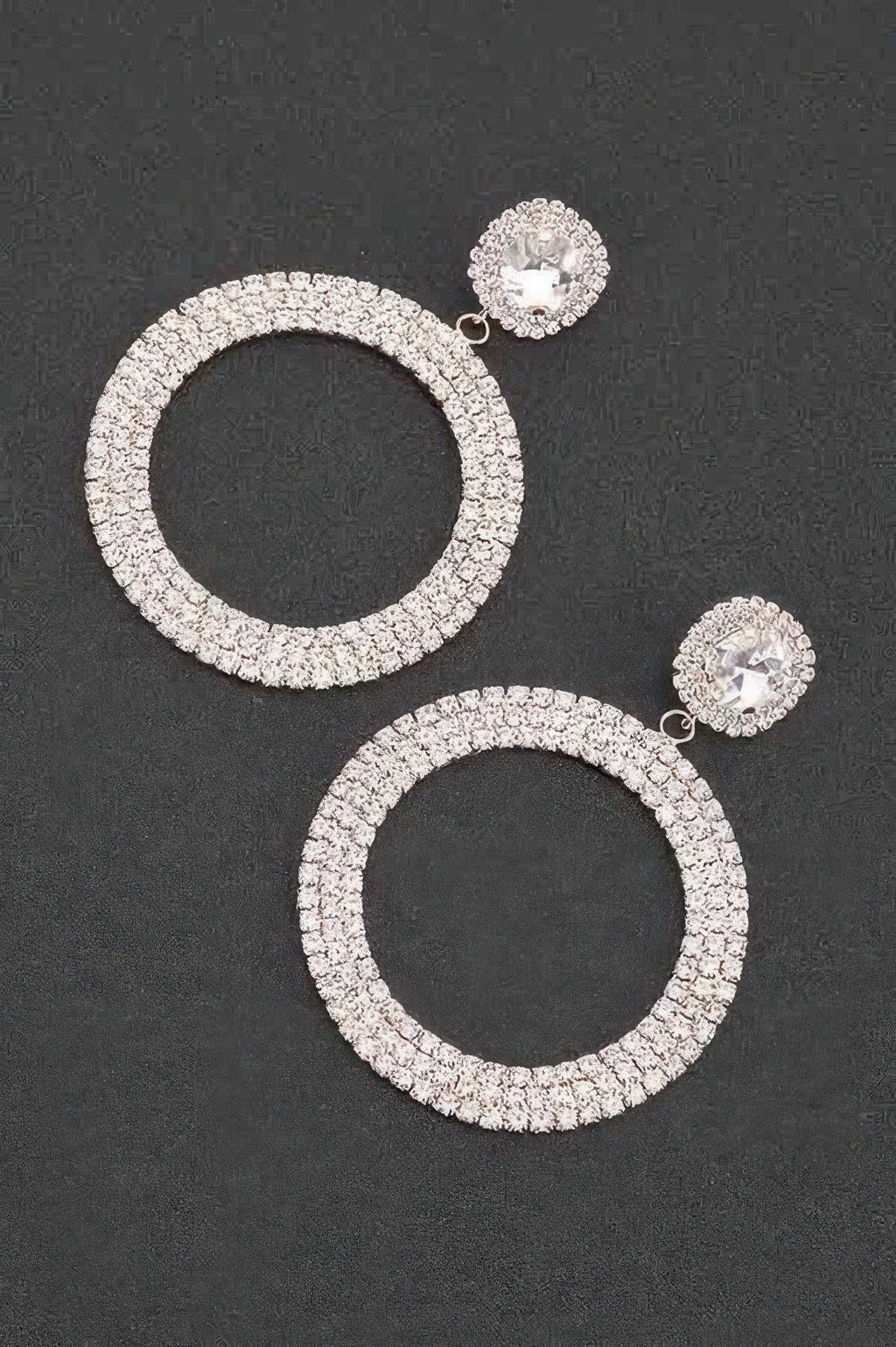 Silver-tone rhinestone hoop earrings with heart-style stud and matching circular dangle