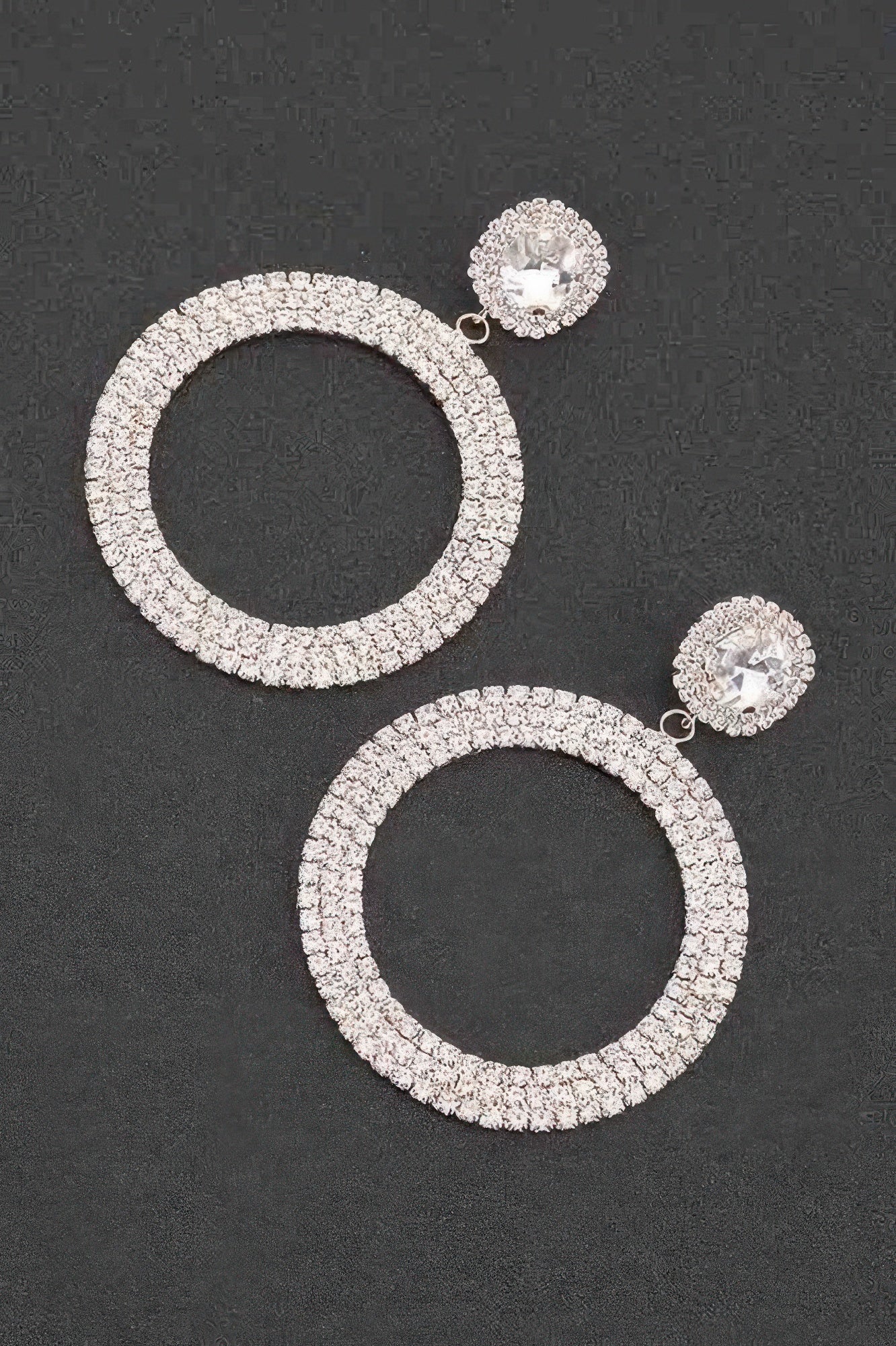 Silver-tone rhinestone hoop earrings with heart-style stud and matching circular dangle