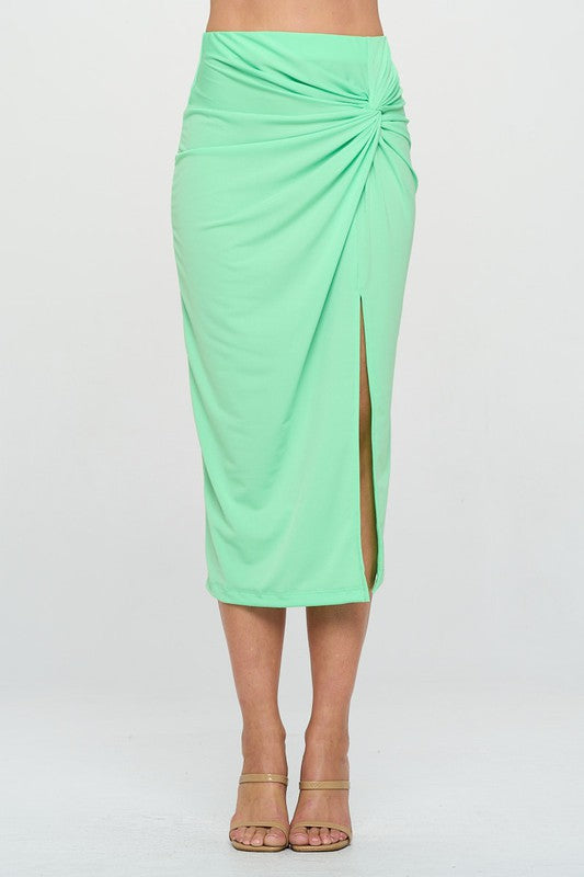 Neon green midi skirt with twisted front knot and front slit