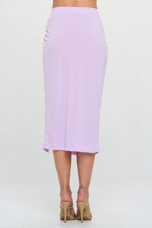 Lavender midi skirt back view with side slit at the hem