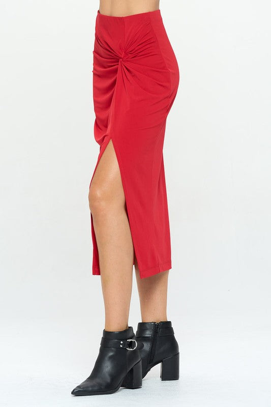 Red midi skirt with gathered front knot and high front slit