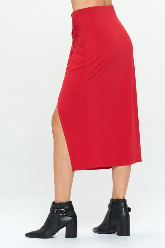 Red midi skirt with draped waist knot and front slit