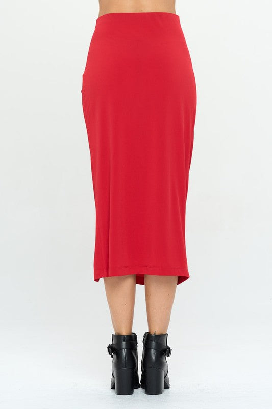 Red midi skirt back view with front slit opening