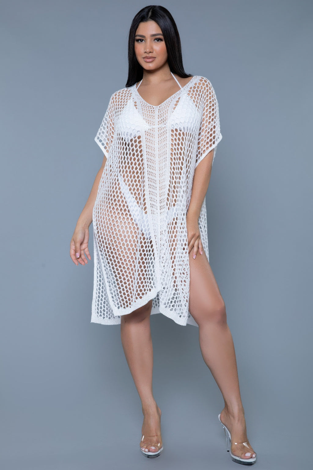 Madelyn Crochet Cover-up in white: open-knit V-neck, short dolman sleeves