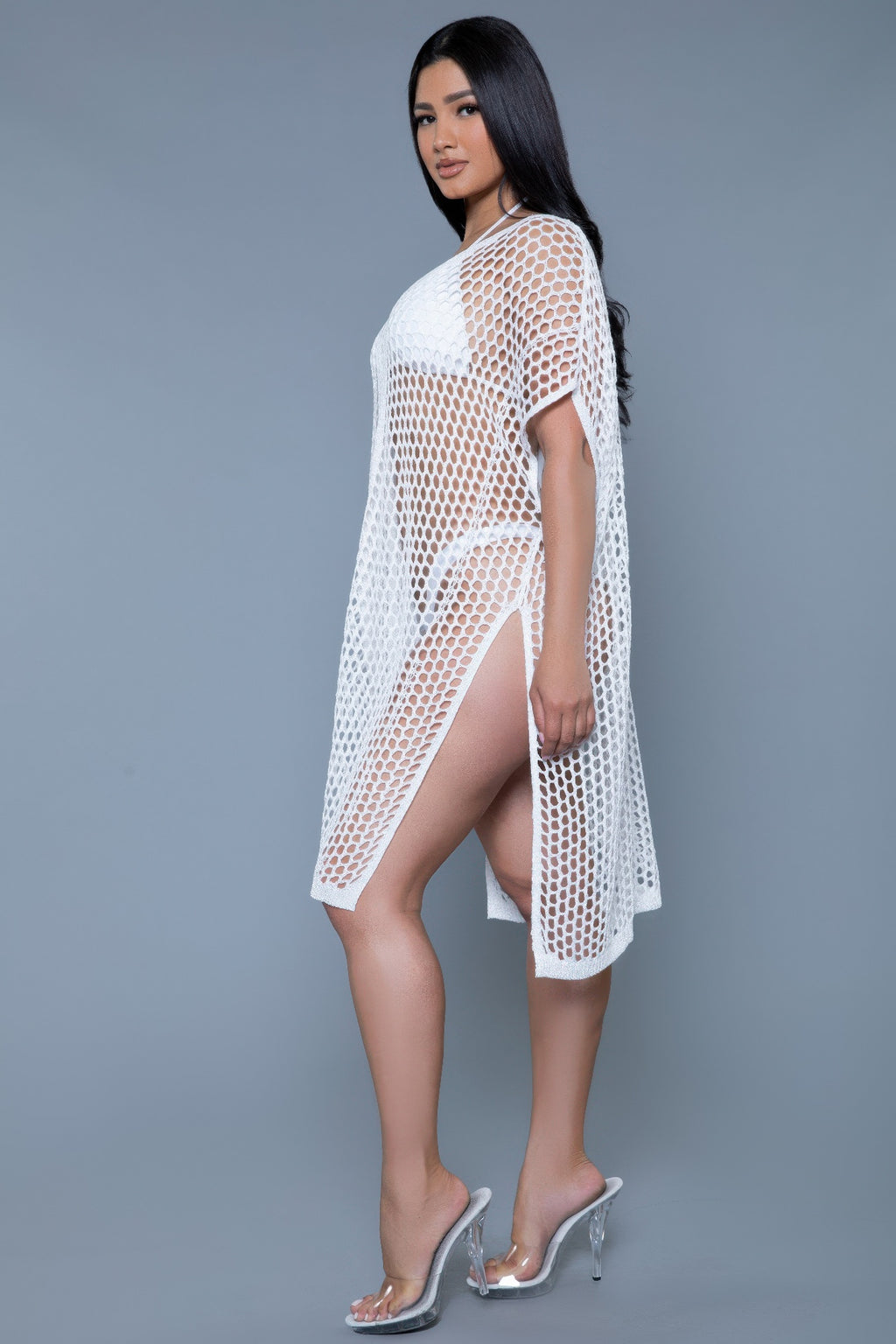 White crochet cover-up with openwork design and back exposure, side slit