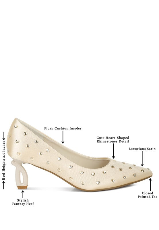 Heart-shaped rhinestone pumps in beige with plush cushion insoles, pointed toe