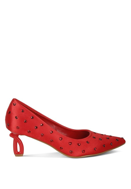 Red heart-shaped rhinestone pointed-toe pumps with slim block heel