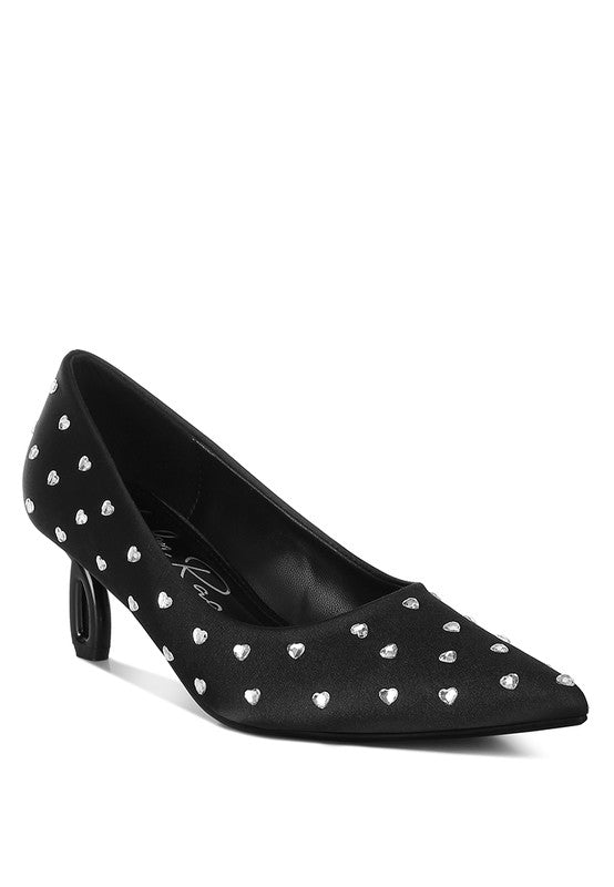 Black heart-rhinestone pumps with pointed toe and slim block heel