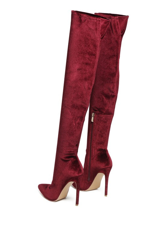 Madman over-the-knee boot, burgundy suede-look, side zipper detail, stiletto heel