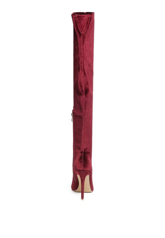 Madman over-the-knee boot, burgundy suede-look, back view, slim stiletto heel