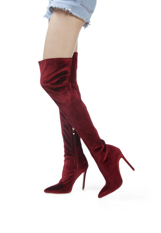 Over-the-knee boot, burgundy suede-look, side zipper, high stiletto heel
