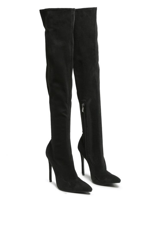 Madman over-the-knee boot, black suede-look, tall shaft and stiletto heel
