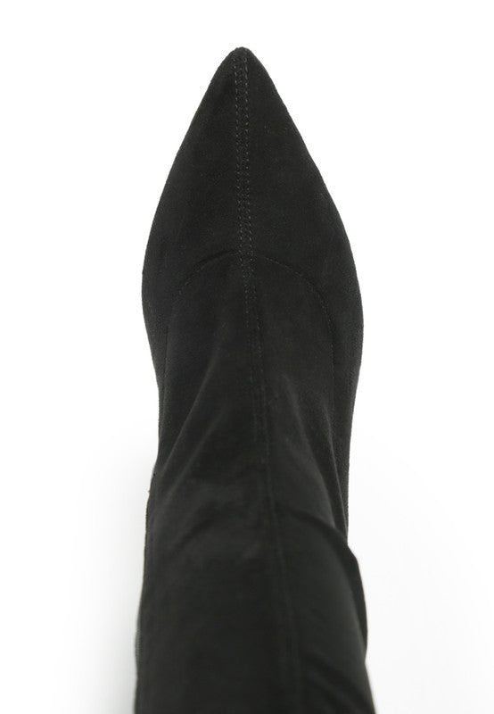 Madman over-the-knee boot, black suede-look, pointed toe and tall shaft