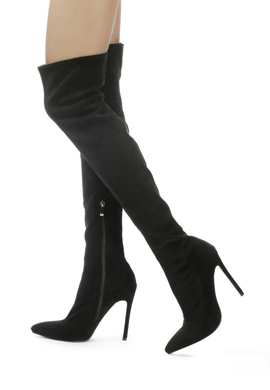 Madman over-the-knee boot, black suede-look, side zipper and high stiletto heel