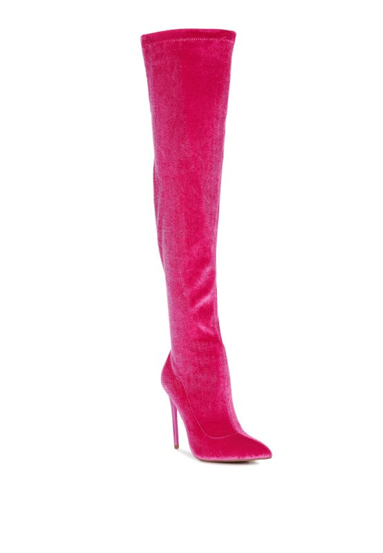 Madman over-the-knee boot, fuchsia suede-look, high stiletto heel and pointed toe