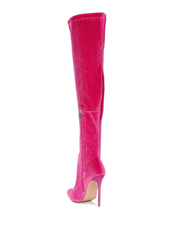 Madman over-the-knee boot, fuchsia suede-look, side zipper detail, stiletto heel