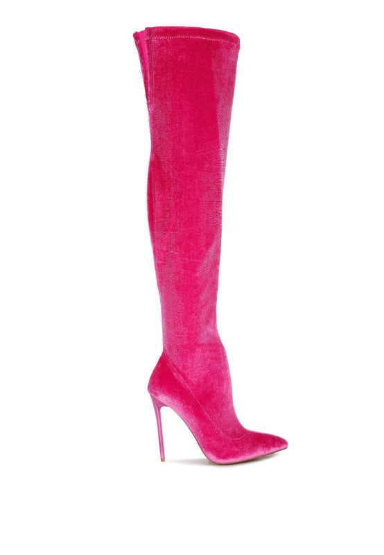 Madman over-the-knee boot, fuchsia suede-look with pointed toe and high stiletto heel