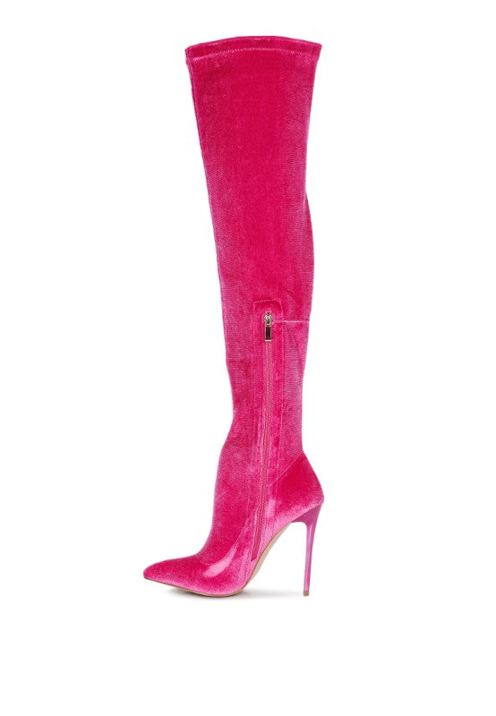 Madman over-the-knee boot in fuchsia, side zipper detail and high stiletto heel
