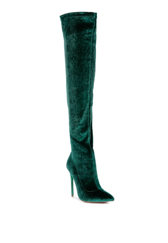 Madman over-the-knee boot in dark green suede-look with pointed toe and stiletto heel