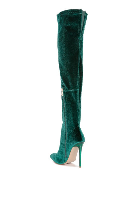 Madman over-the-knee boot in dark green, back view with stiletto heel