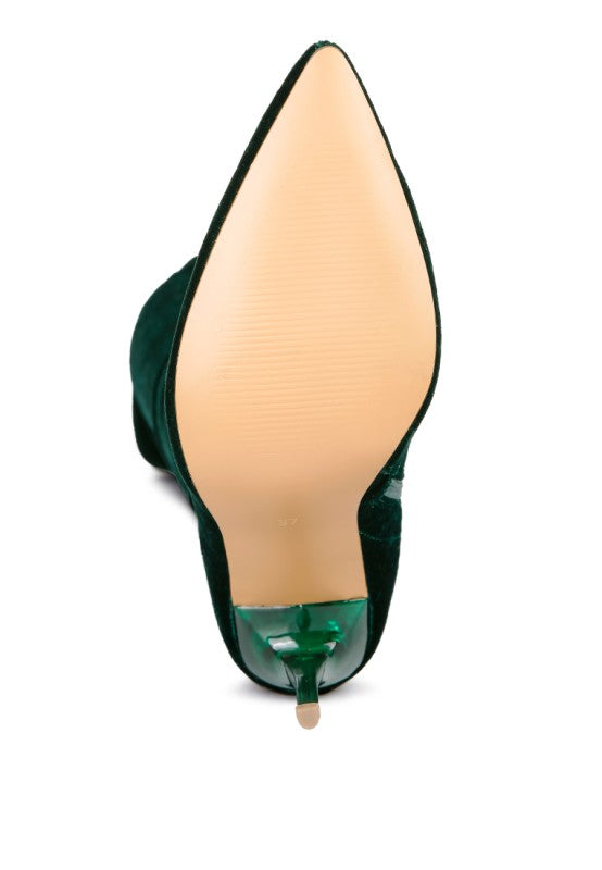 Madman over-the-knee boot dark green, pointed toe and stiletto heel underside view