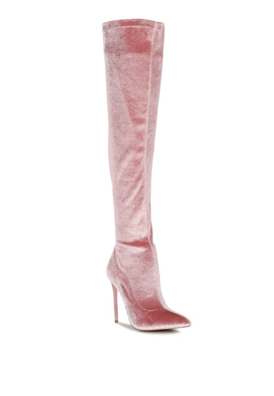 Madman over-the-knee boot, rose suede-look with pointed toe and high stiletto heel