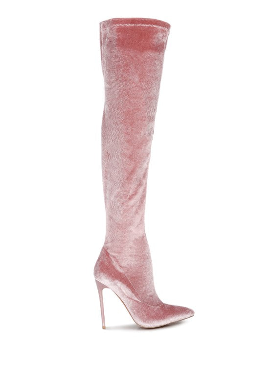 Madman over-the-knee boot in rose, angled view with pointed toe and stiletto heel