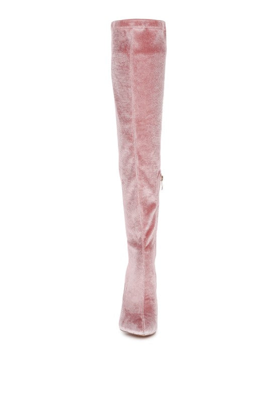 Madman over-the-knee boot in rose, back view with side zipper and stiletto heel