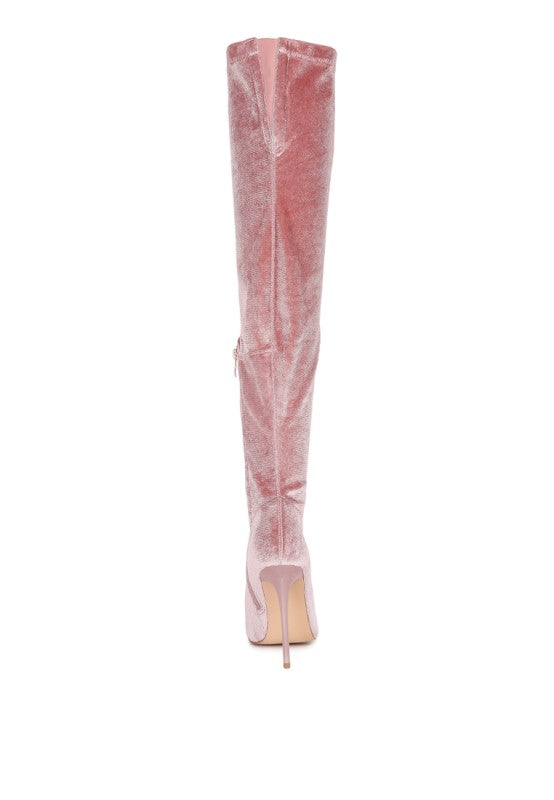 Madman over-the-knee boot rose, back view with heel and pointed toe