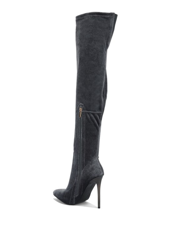 Over-the-knee boot, dark grey, side strap detail, high stiletto heel
