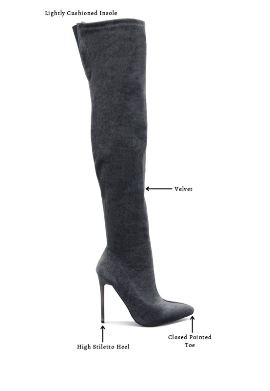 Over-the-knee boot, dark grey velvet, cushioned insole, pointed closed toe