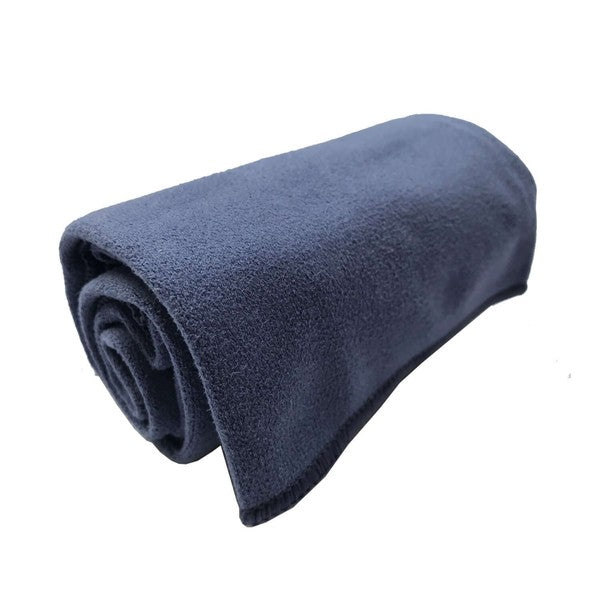 Rolled blue hand towel with soft terry texture and stitched edge