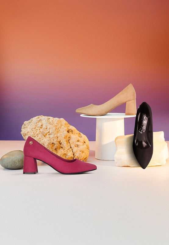 Malai Block Heel Pumps: burgundy and black closed-toe block heels