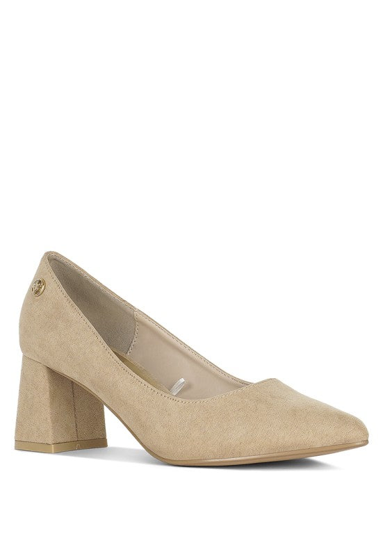 Malai Block Heel Pumps in Beige, closed pointed-toe block heel pump