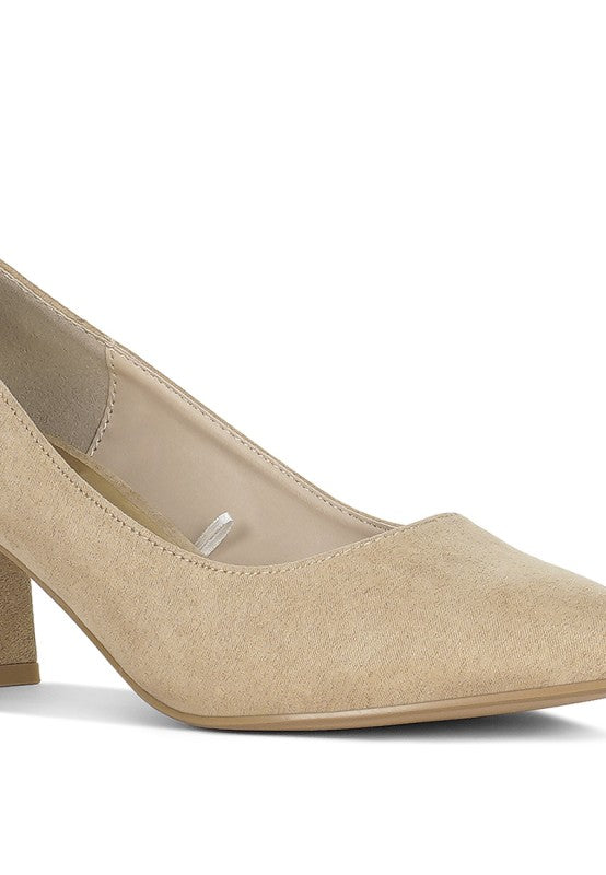 Beige Malai Block Heel Pumps, side profile with low block heel