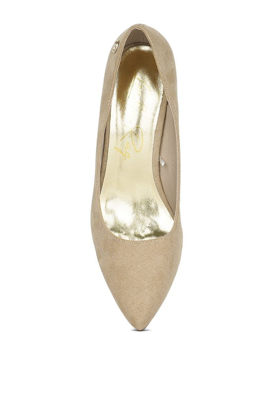 Beige Malai Block Heel Pumps, pointed toe with inner lining detail