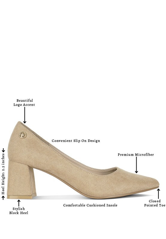 Malai Block Heel Pumps: suede-look closed pointed toe, block heel, cushioned insole