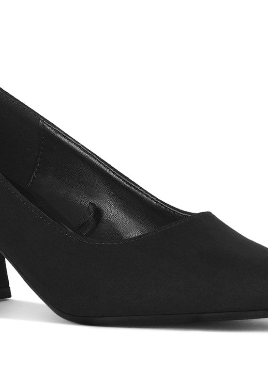 Black Malai Block Heel Pumps, side close-up of smooth upper and low heel
