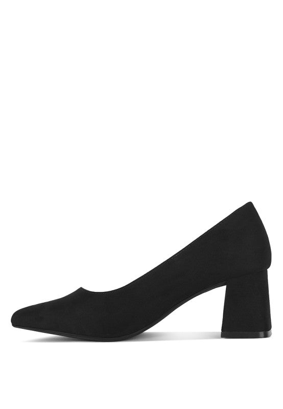 Black Malai Block Heel Pumps, front profile with pointed toe and block heel