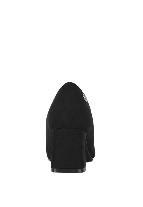 Black block heel pumps, suede-look with pointed closed toe and logo accent