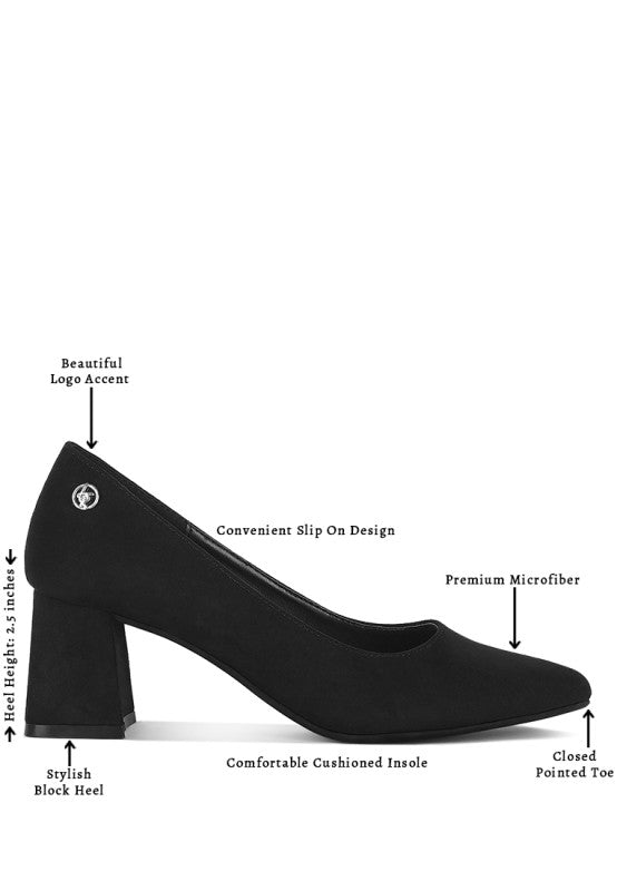 Black pointed-toe block heel pumps with slip-on fit and cushioned insole