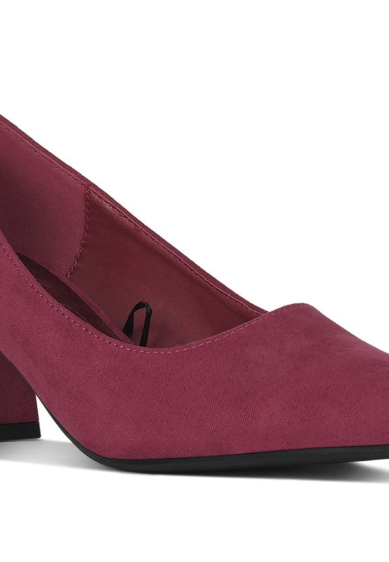 Burgundy pointed-toe pump with cushioned insole and mid block heel