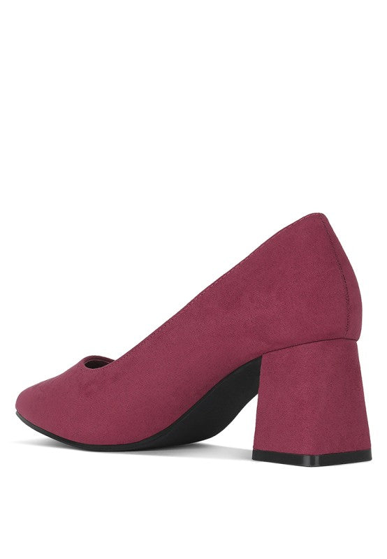 Burgundy block heel pumps, slip-on pointed toe with sturdy squared heel